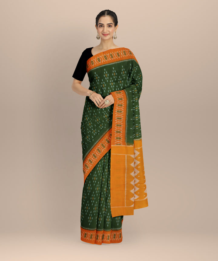 Dark green mustard handloom pochampally ikat cotton saree