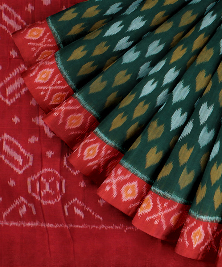 Dark green red cotton pochampally ikat handloom saree