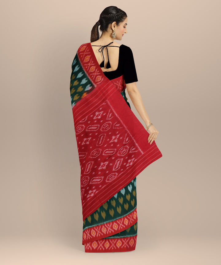 Dark green red cotton pochampally ikat handloom saree
