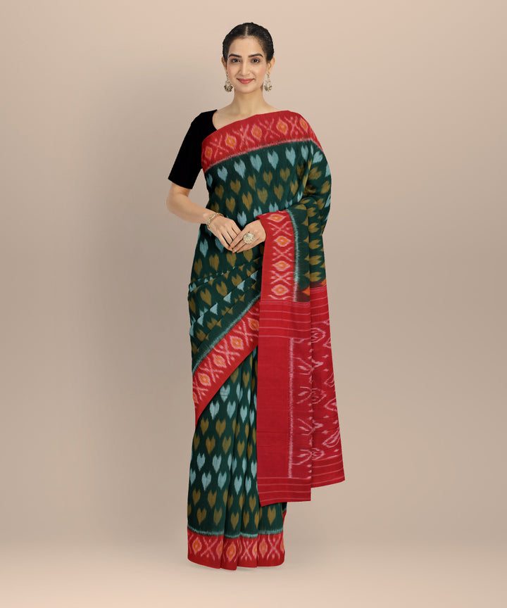 Dark green red cotton pochampally ikat handloom saree