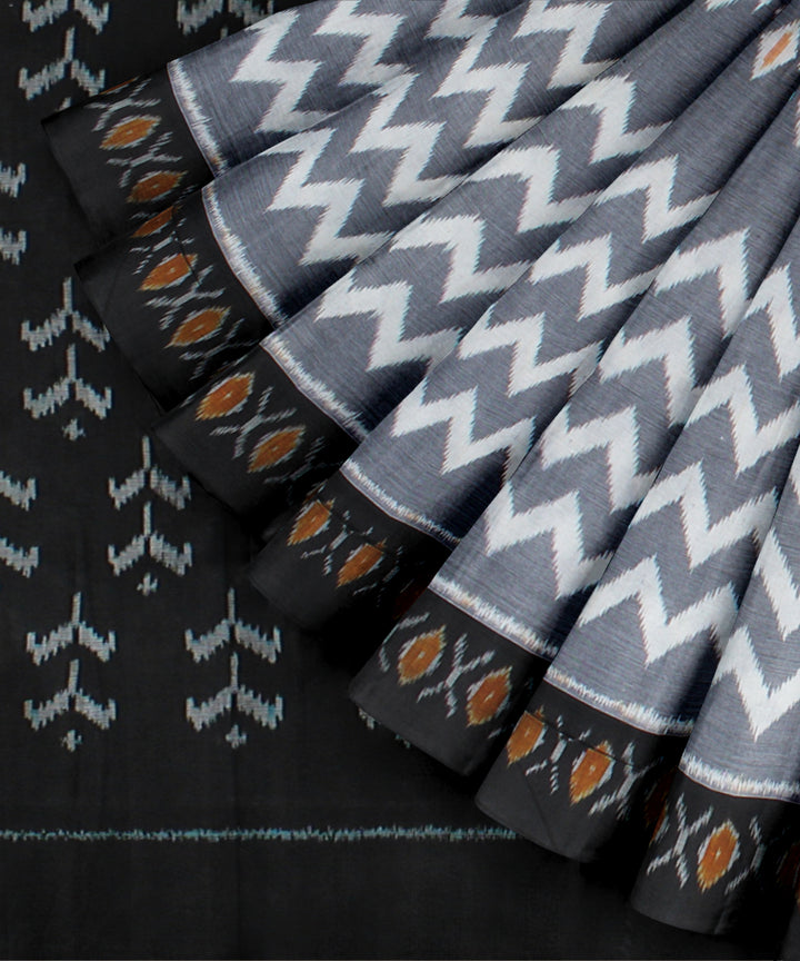 Grey black handwoven cotton pochampally ikat saree