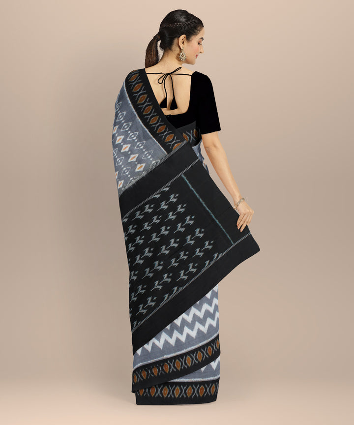 Grey black handwoven cotton pochampally ikat saree