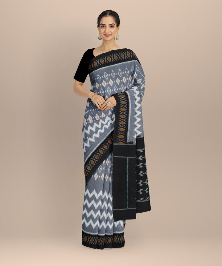 Grey black handwoven cotton pochampally ikat saree
