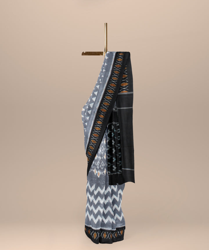 Grey black handwoven cotton pochampally ikat saree