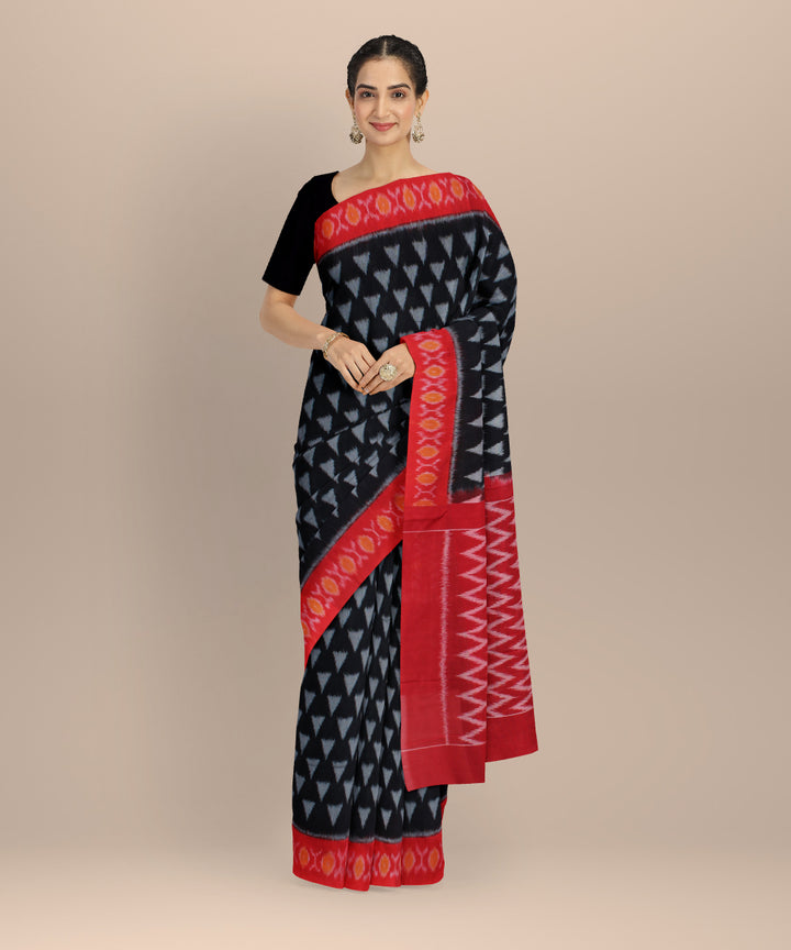Black red handwoven cotton pochampally ikat saree