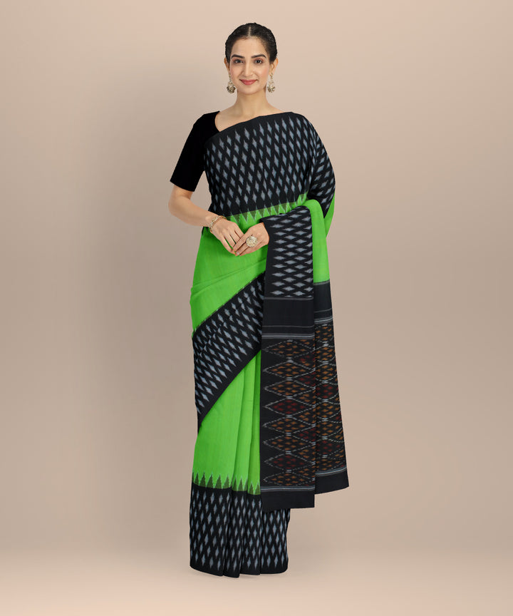 Light green black handwoven cotton pochampally ikat saree