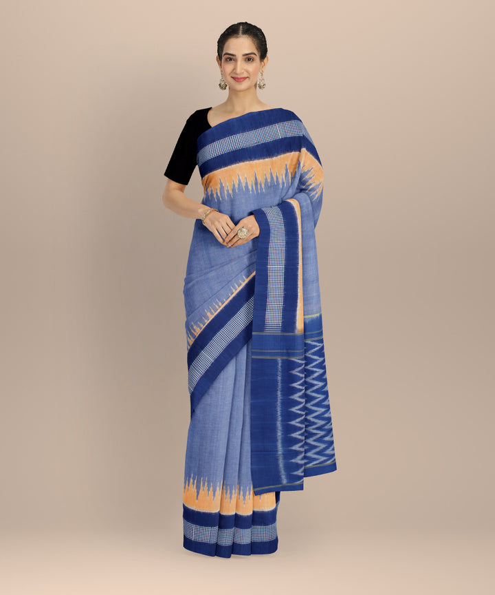 Cyan blue navy blue handloom cotton pochampally ikat saree