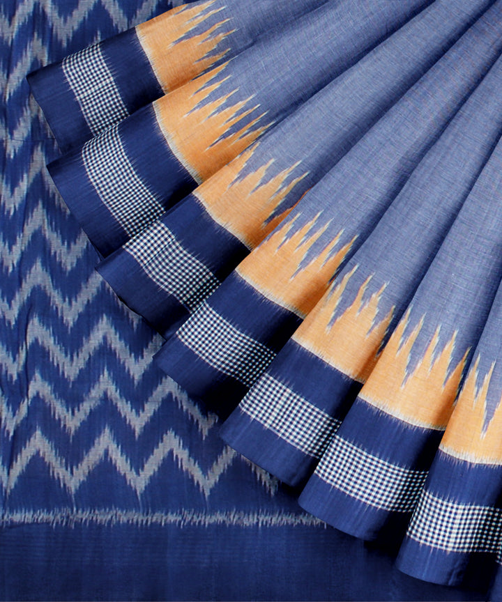 Cyan blue navy blue handloom cotton pochampally ikat saree