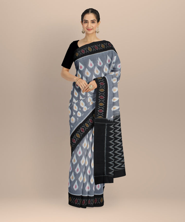 Grey black handwoven pochampally ikat cotton saree