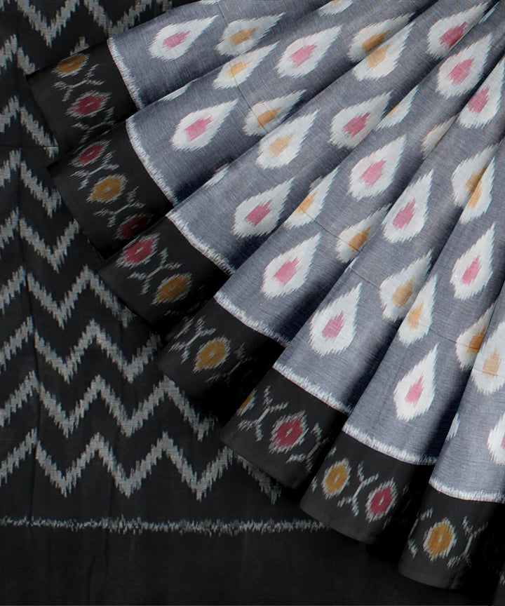 Grey black handwoven pochampally ikat cotton saree