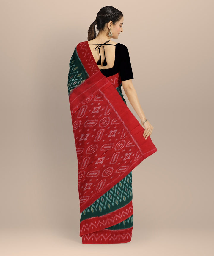 Dark green red handwoven cotton pochampally ikat saree