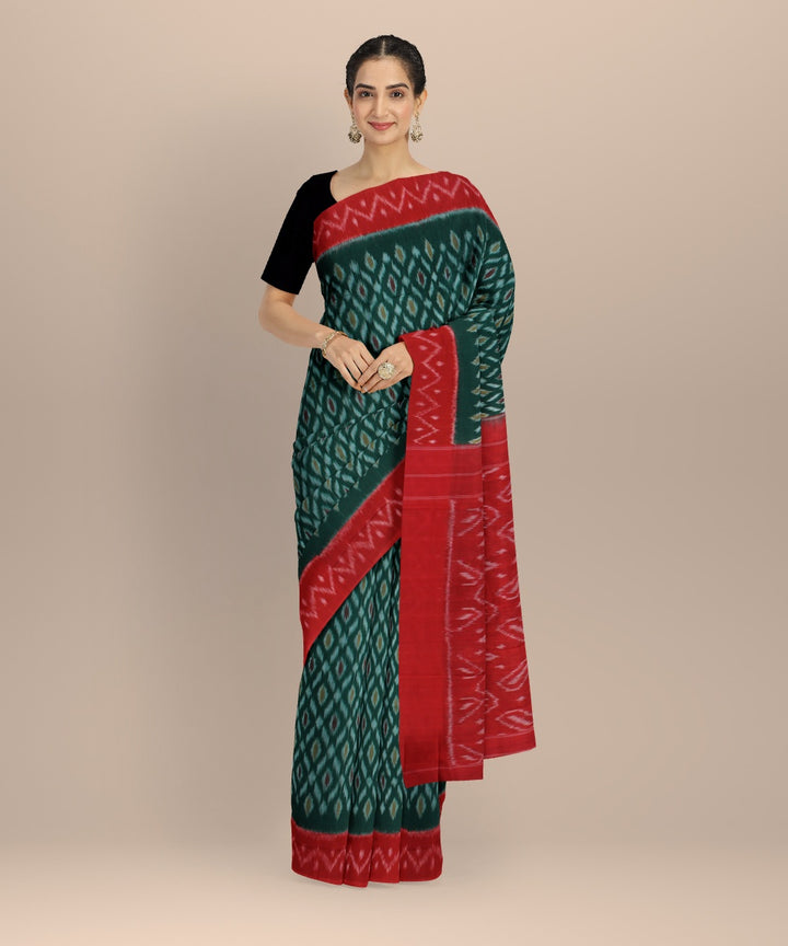 Dark green red handwoven cotton pochampally ikat saree