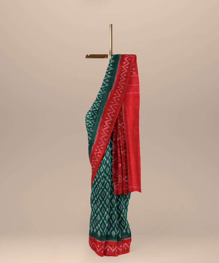 Dark green red handwoven cotton pochampally ikat saree