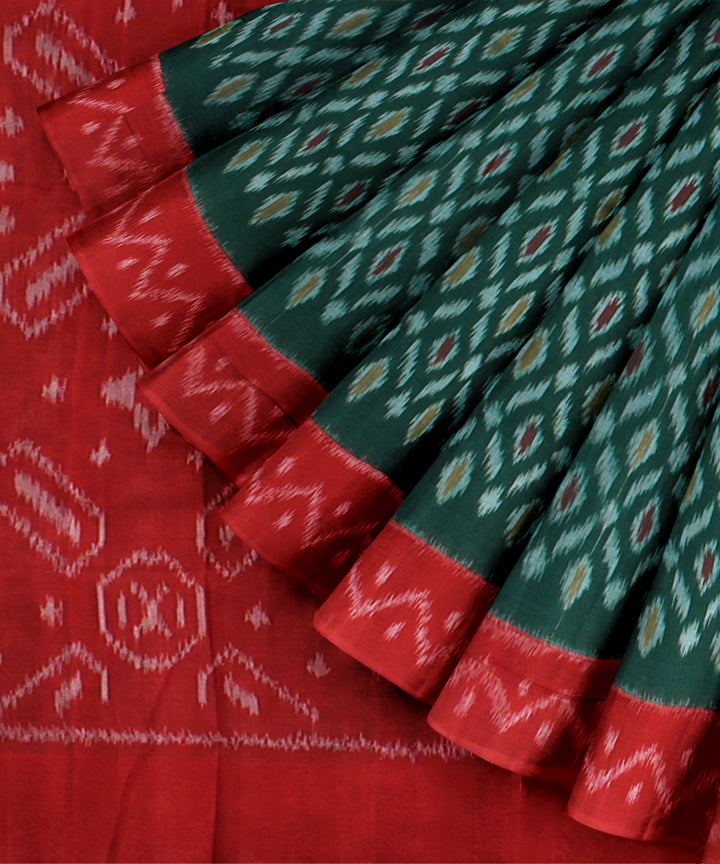 Dark green red handwoven cotton pochampally ikat saree