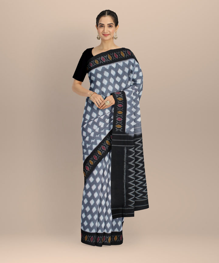 Grey offwhite black handwoven pochampally ikat cotton saree