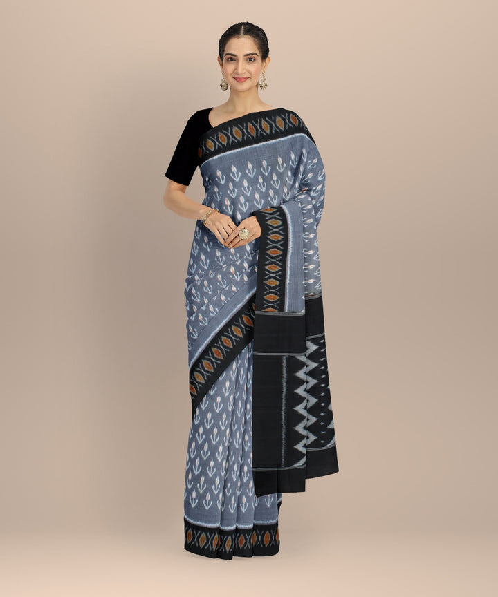 Grey black handwoven pochampally cotton ikat saree