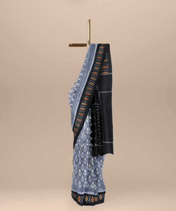 Grey black handwoven pochampally cotton ikat saree