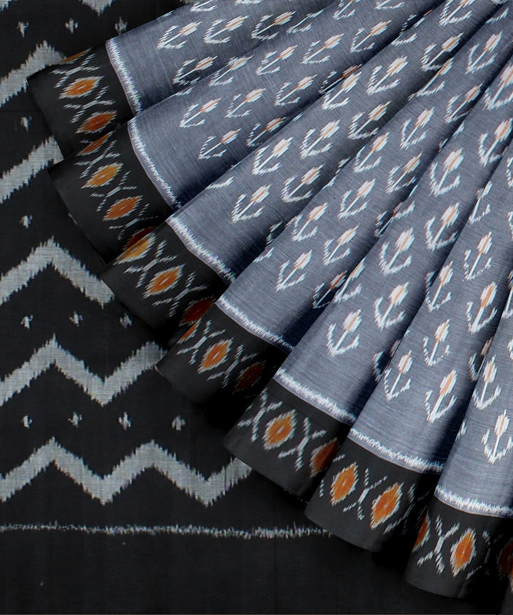 Grey black handwoven pochampally cotton ikat saree