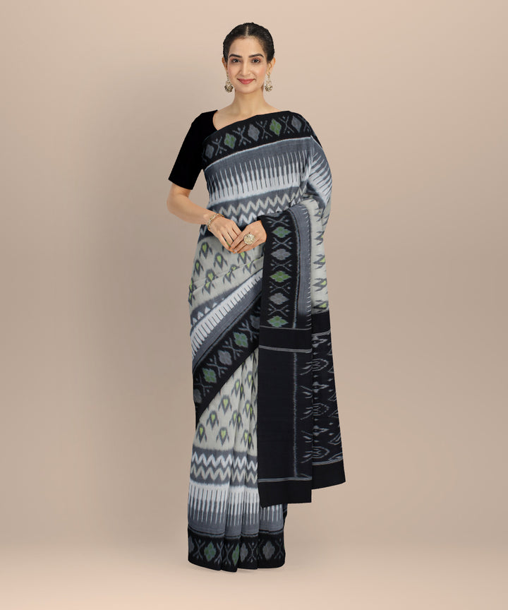 Grey black pochampally handwoven ikat cotton saree