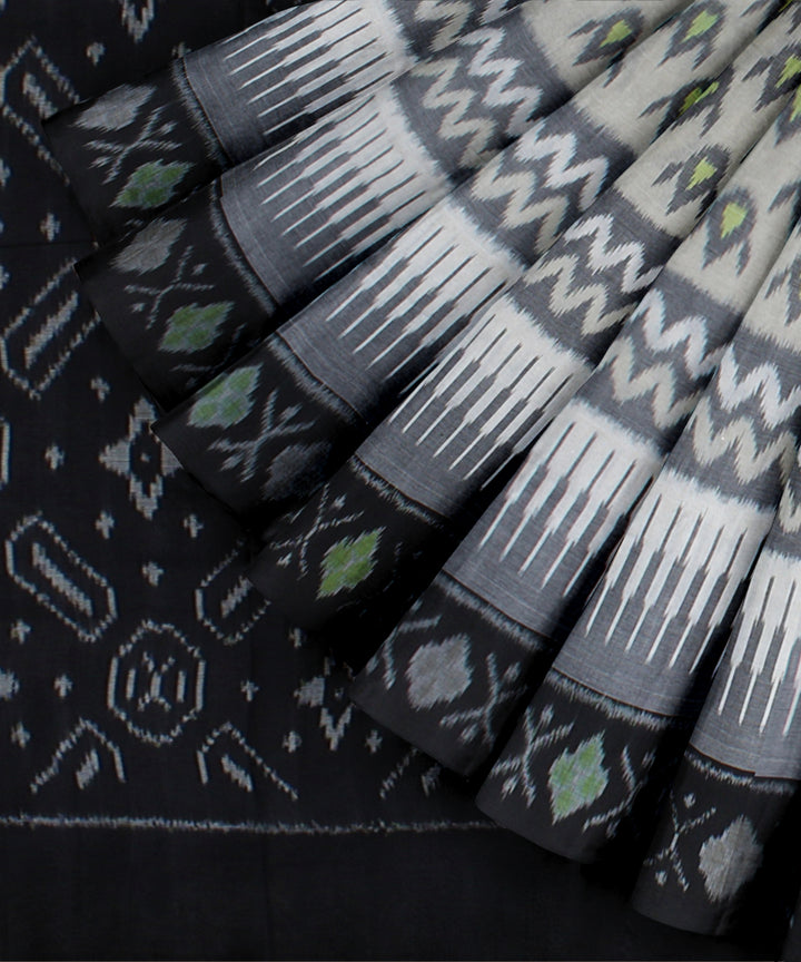 Grey black pochampally handwoven ikat cotton saree