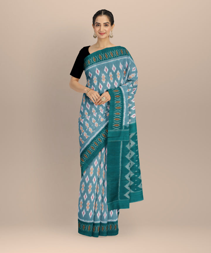 Cyan green dark green cotton handloom pochampally ikat saree