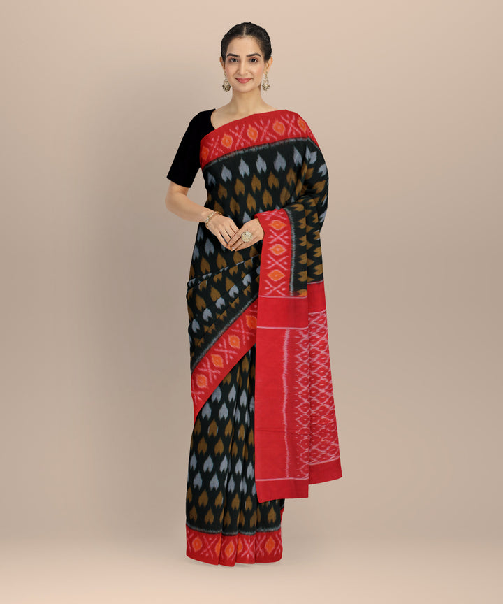 Black red handwoven pochampally cotton ikat saree