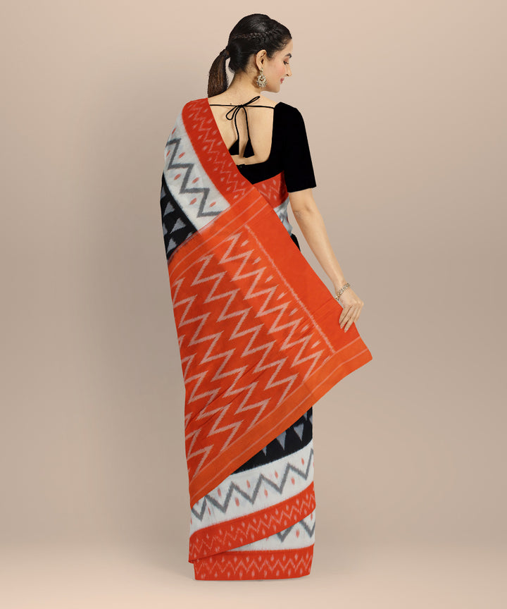 Black orange white cotton handloom pochampally ikat saree