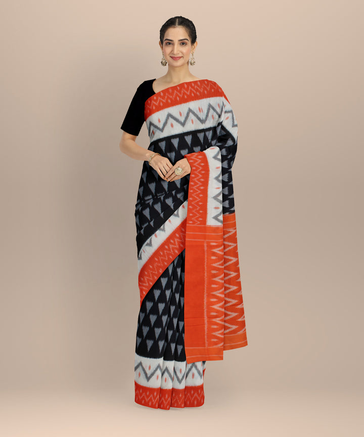 Black orange white cotton handloom pochampally ikat saree