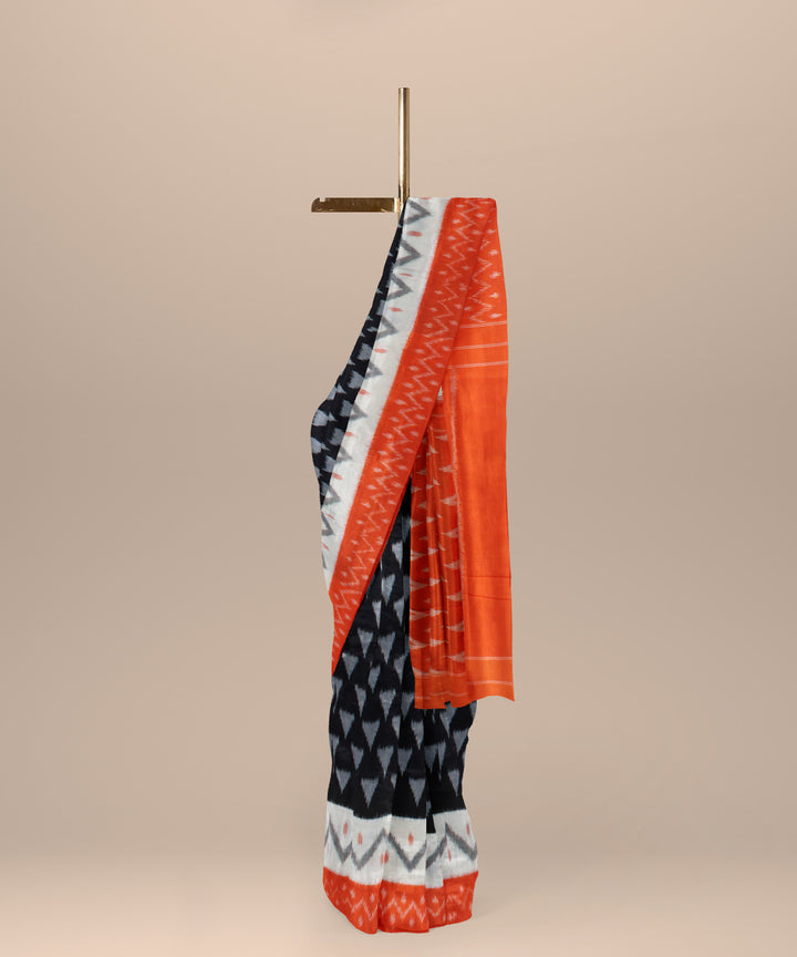 Black orange white cotton handloom pochampally ikat saree