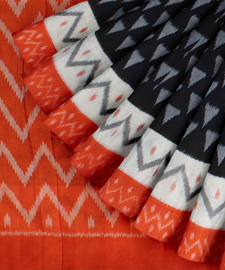 Black orange white cotton handloom pochampally ikat saree