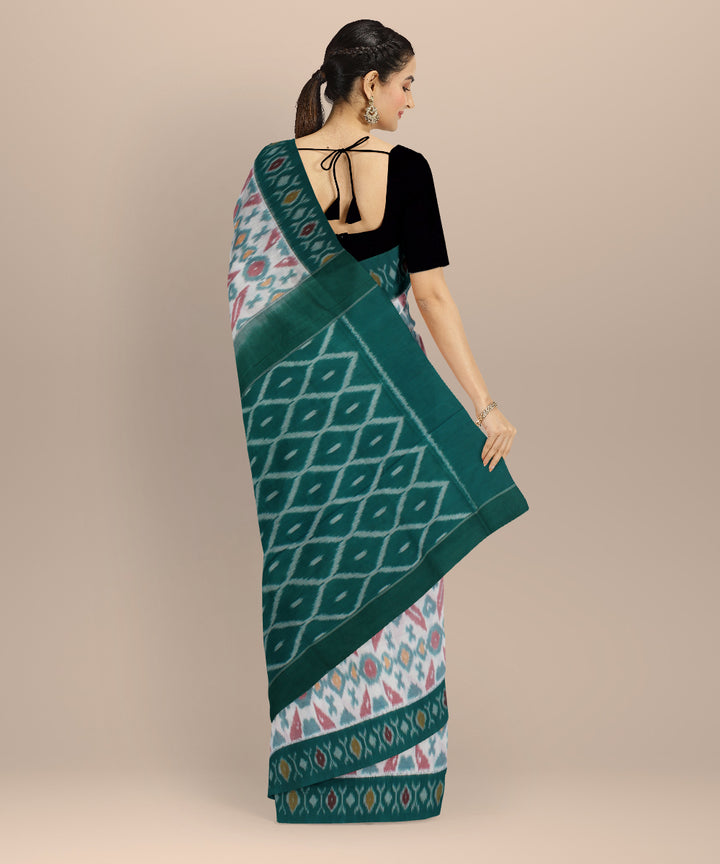 White dark green cotton handloom pochampally ikat saree