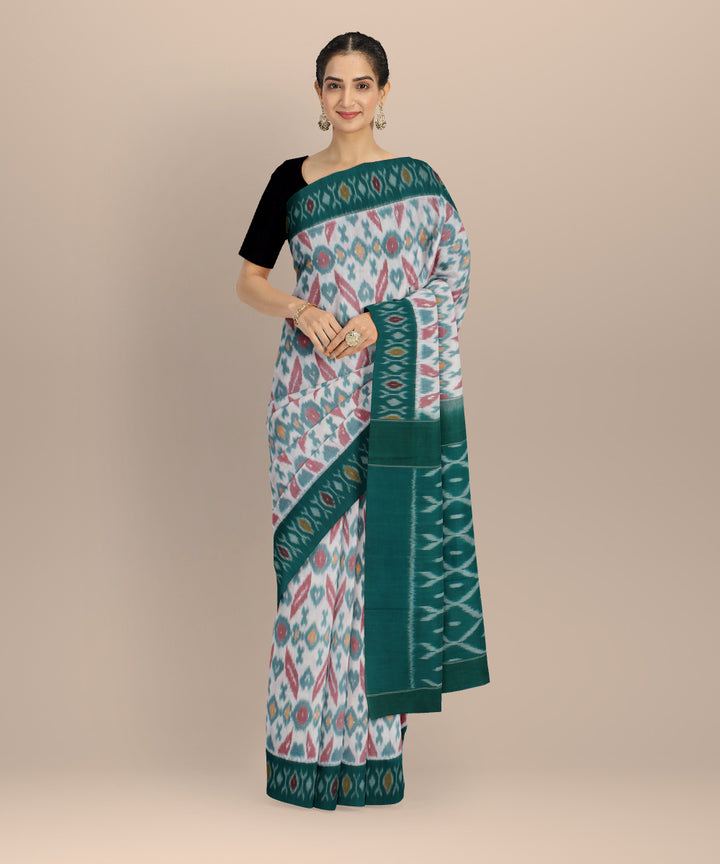 White dark green cotton handloom pochampally ikat saree
