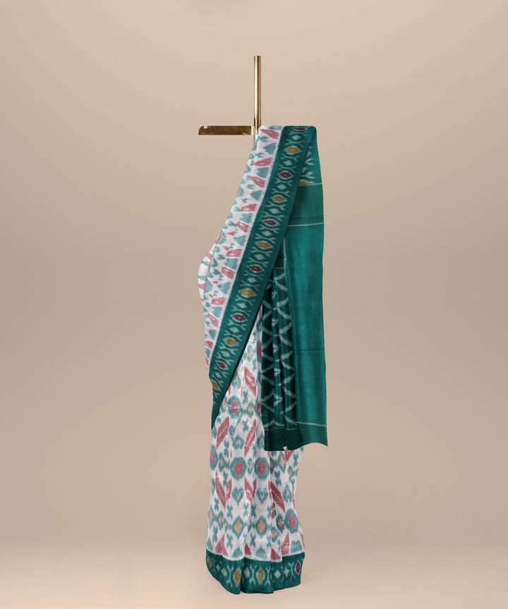 White dark green cotton handloom pochampally ikat saree