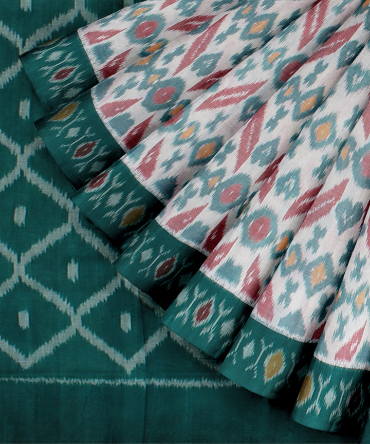 White dark green cotton handloom pochampally ikat saree