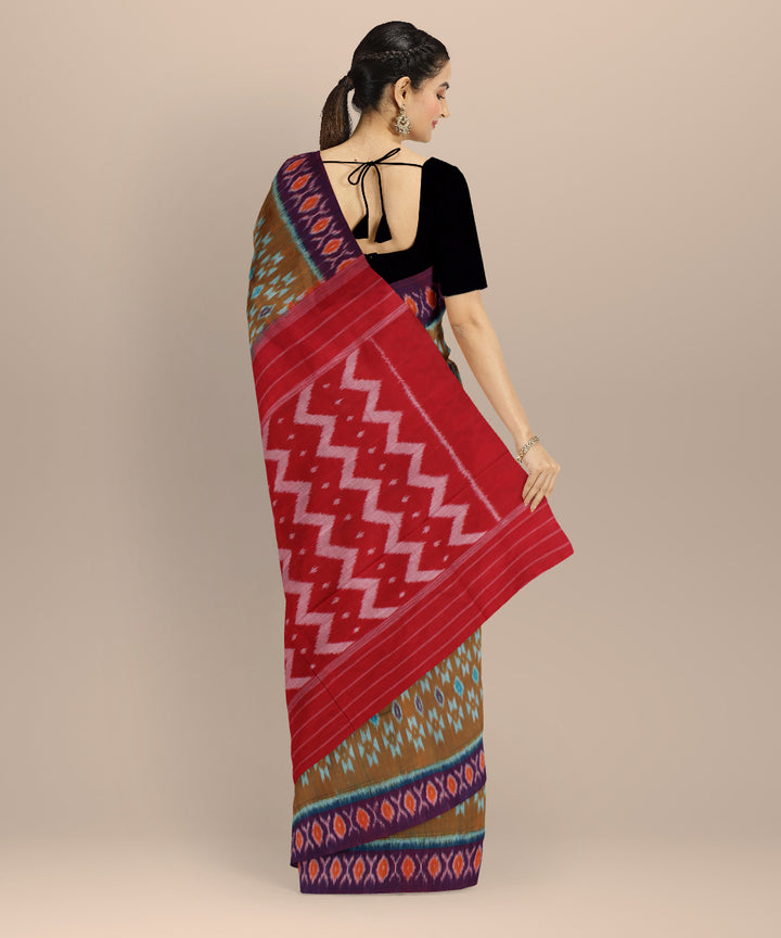 Brown red cotton handloom pochampally ikat saree