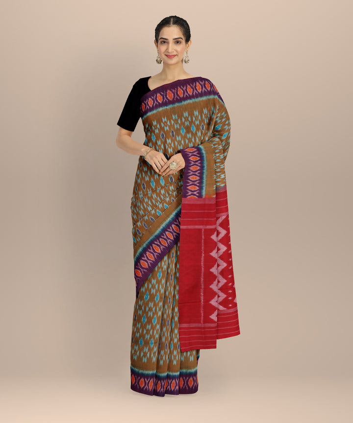 Brown red cotton handloom pochampally ikat saree