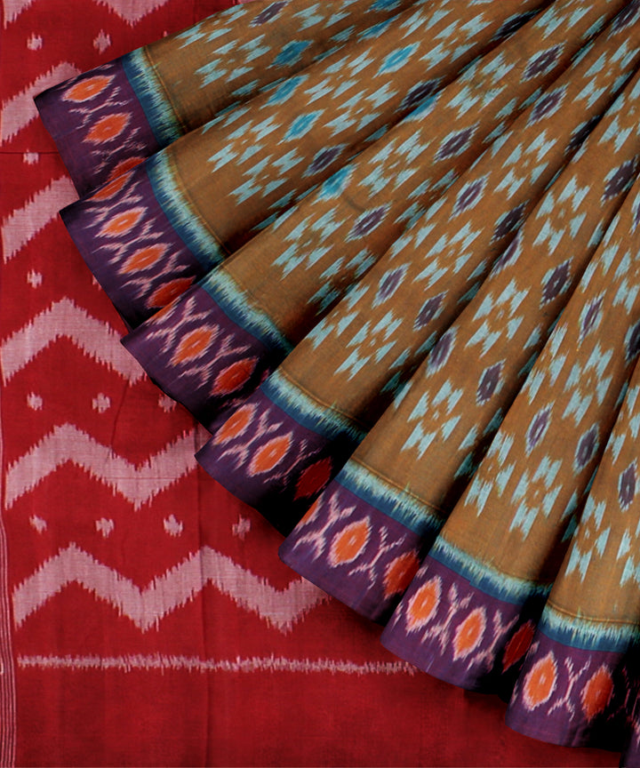 Brown red cotton handloom pochampally ikat saree