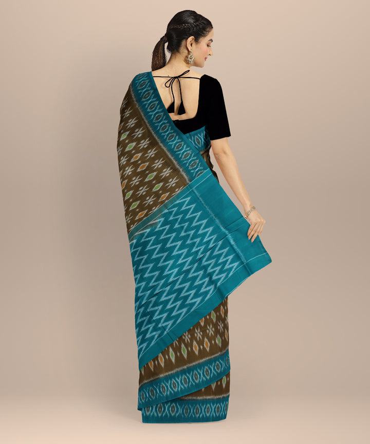 Brown bottle green cotton handloom pochampally ikat saree