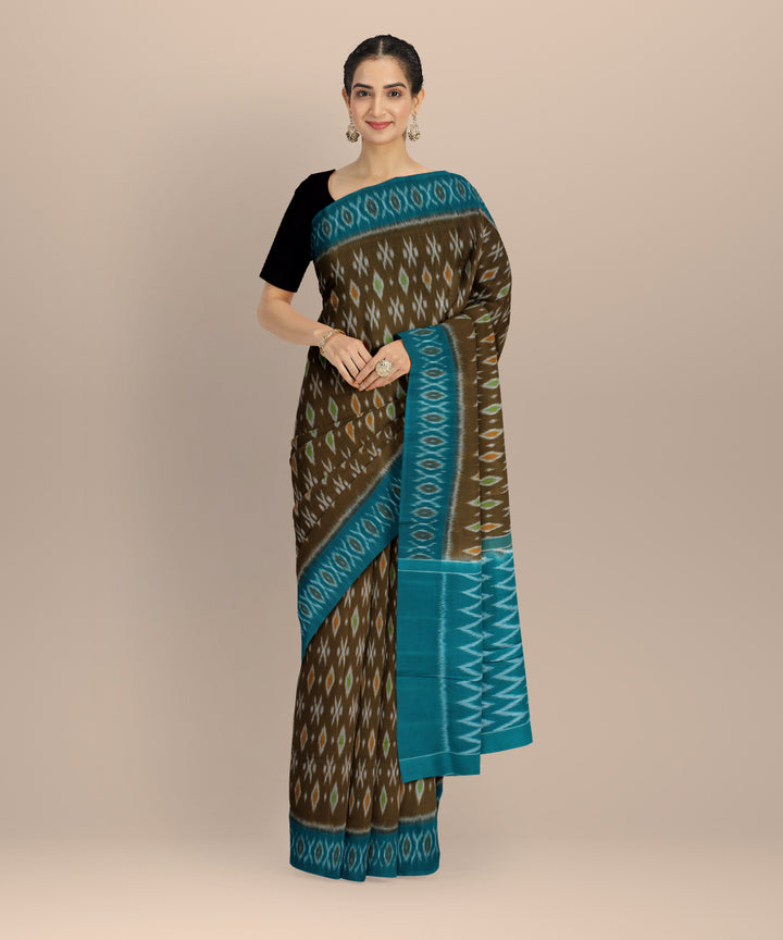 Brown bottle green cotton handloom pochampally ikat saree