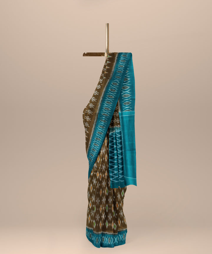 Brown bottle green cotton handloom pochampally ikat saree