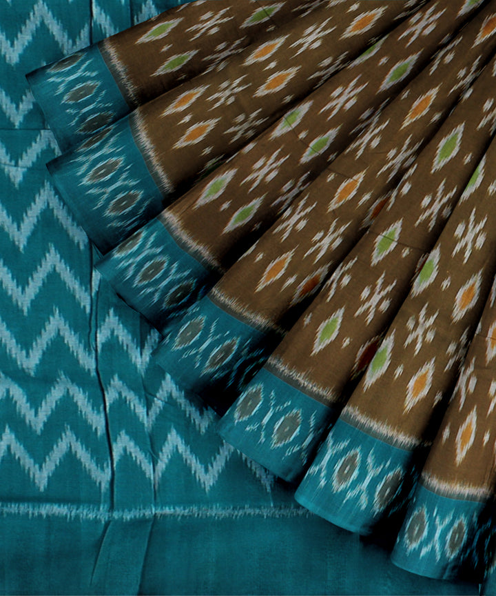 Brown bottle green cotton handloom pochampally ikat saree