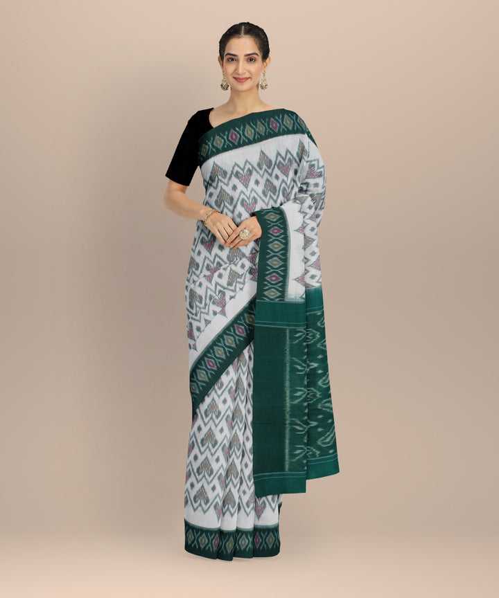 Offwhite green cotton handloom pochampally ikat saree