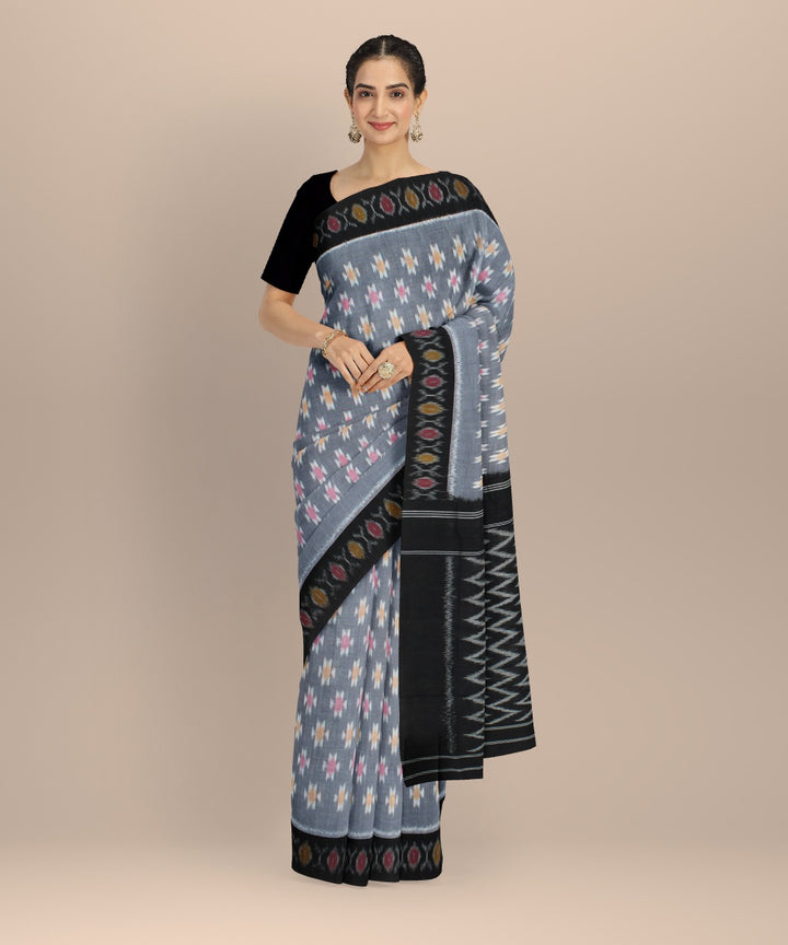 Grey black pochampally handloom cotton ikat saree