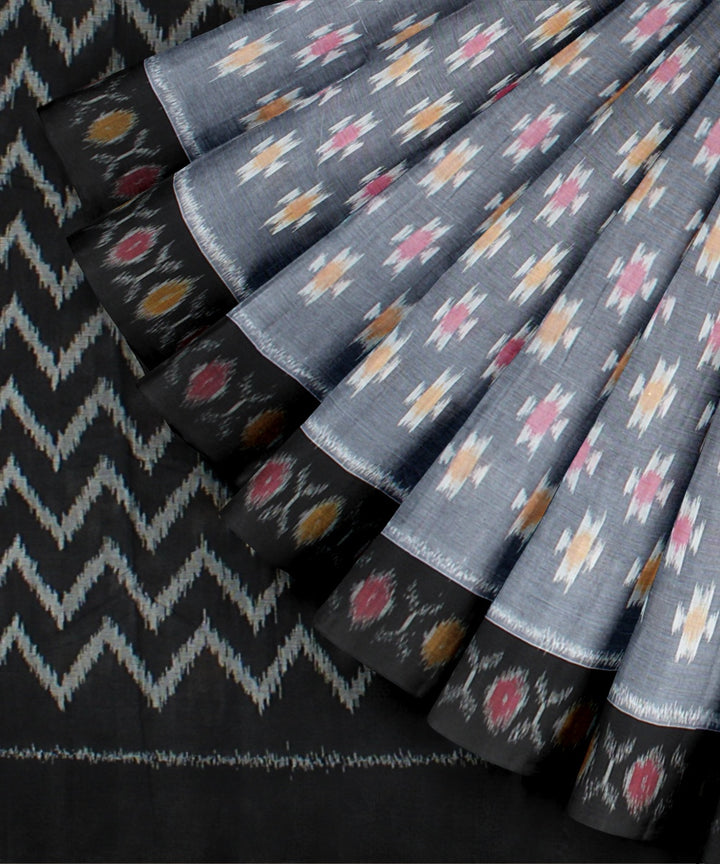 Grey black pochampally handloom cotton ikat saree