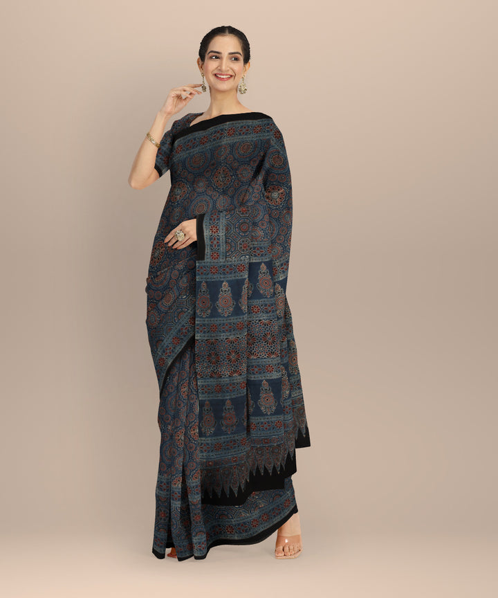 Black indigo hand block printed ajrakh cotton saree