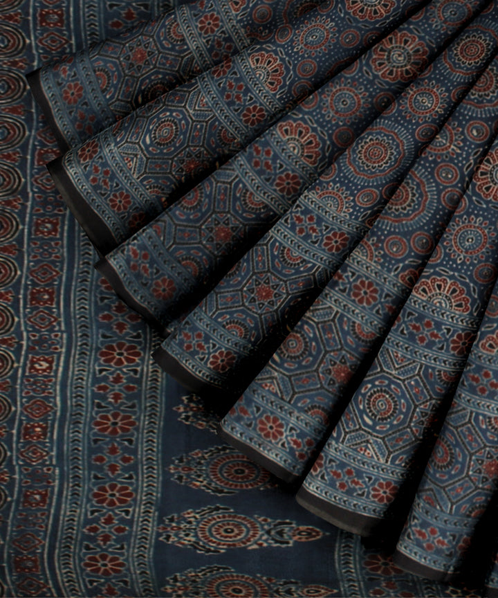 Black indigo hand block printed ajrakh cotton saree