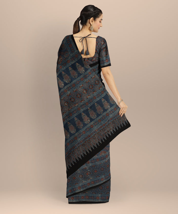 Black indigo hand block printed ajrakh cotton saree