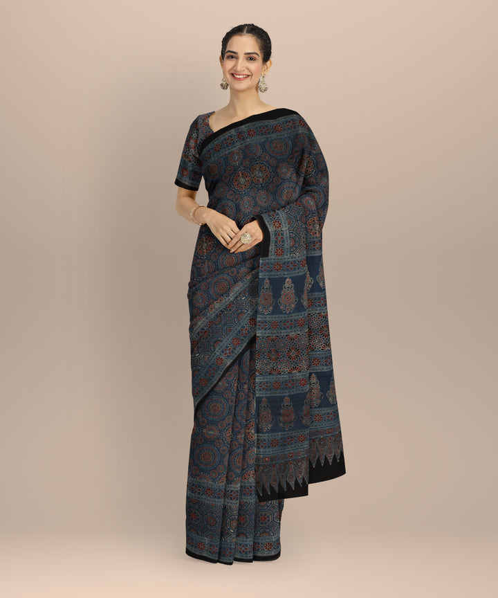 Black indigo hand block printed ajrakh cotton saree