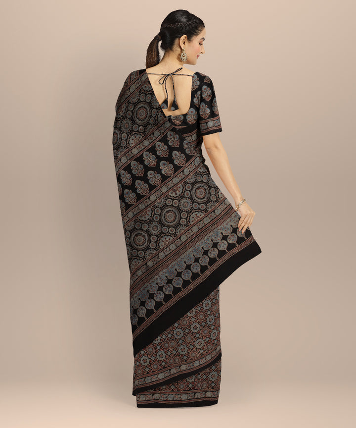 Black multicolor cotton hand printed ajrakh saree