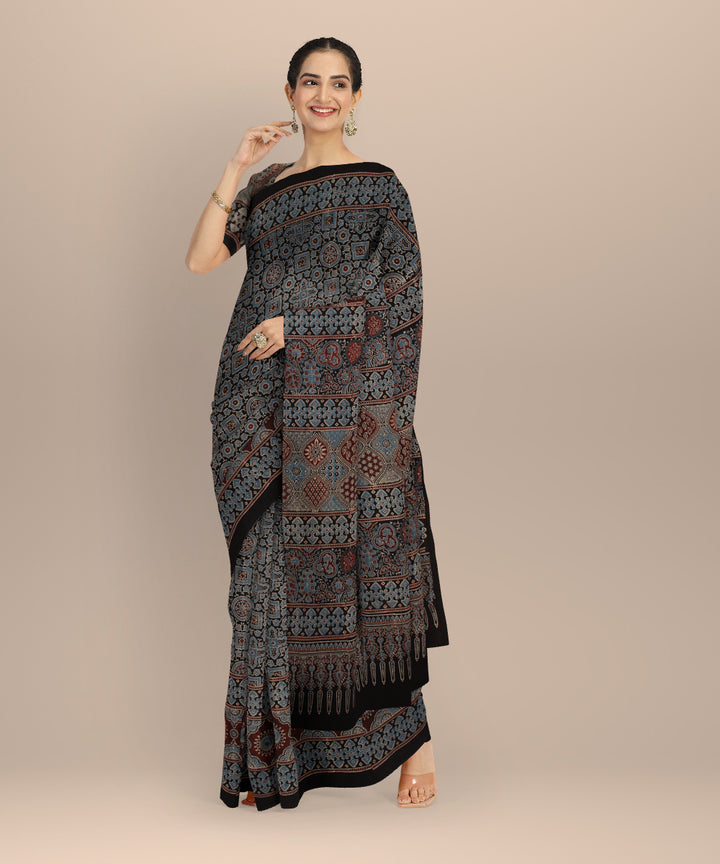 Black indigo cotton printed ajrakh saree